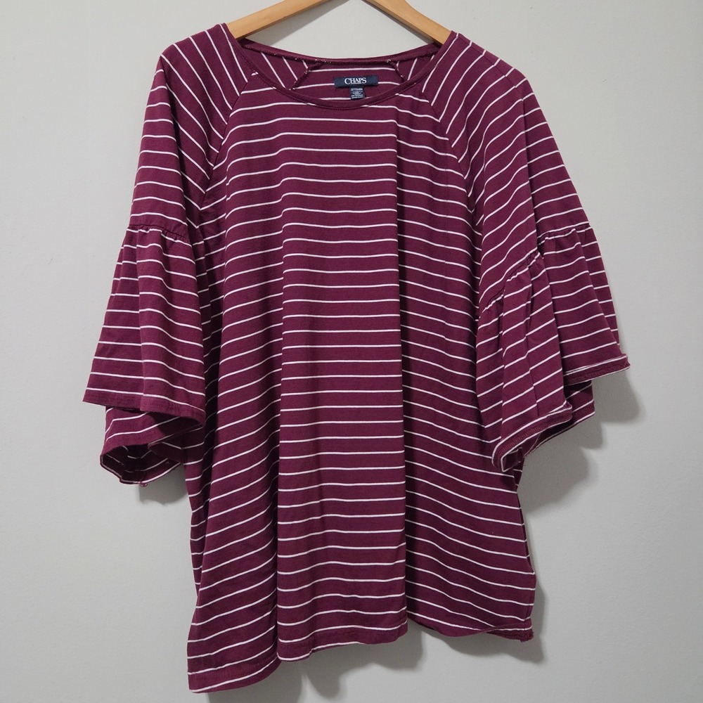 Chaps Womens 3X‎ Burgundy White Striped Bell Sleeve Cotton Modal Knit Top
